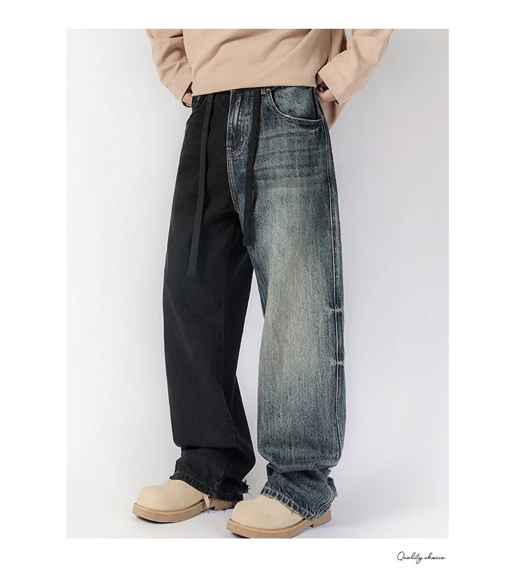 men streetwear fashion black blue splice hip hop loose casual wide leg straight baggy jeans pant cityboy jeans pants trousers unique jeans style 2526