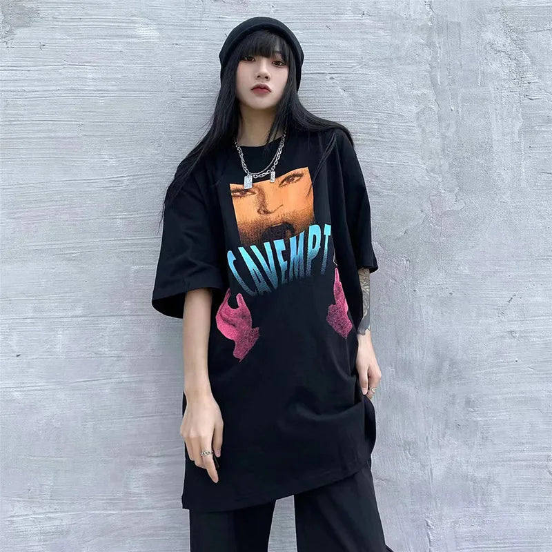 C.E T-shirts Men Woman Good Quality Cotton Casual Loose Vintage Abstract Face Printing Summer O-Neck CAVEMPT Top Tee Street King Limited
