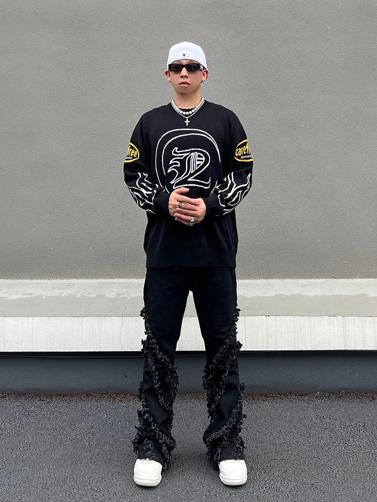 Hip Hop Knitted Sweater Men Letter Fire Pattern O-neck Pullover Streetwear Casual Loose Sweater Unisex Harajuku Jumpers Knitwear Street King Limited