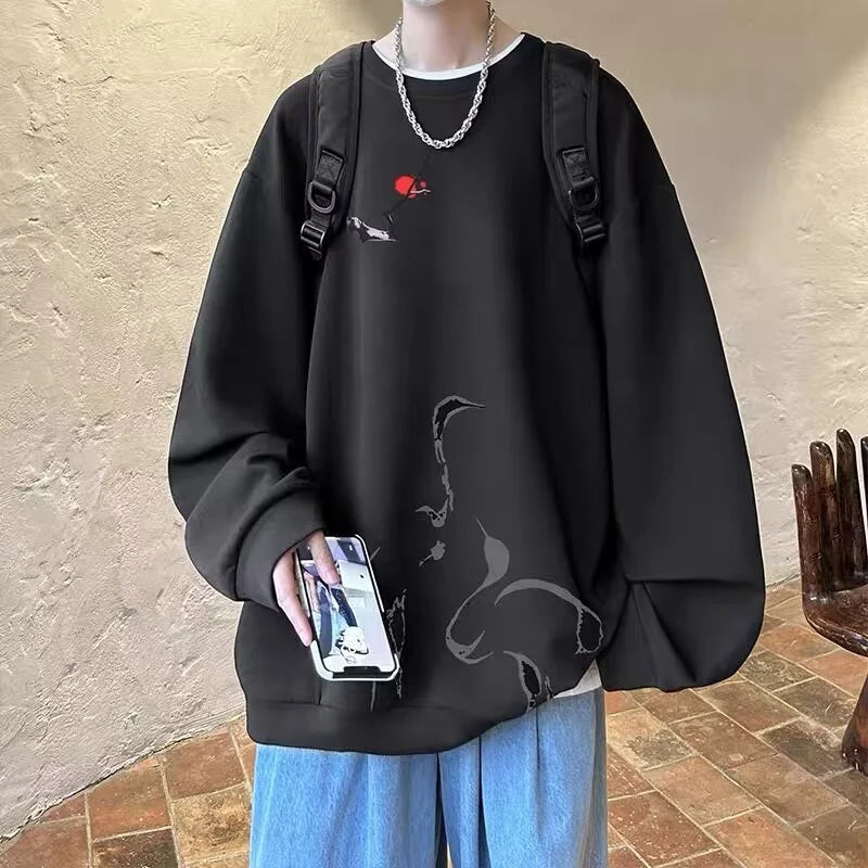 Ink Painting Cartoon Crane Printed Pullover Hoodies For Men 2024 New Hip Hop Fashion Crewneck Hoody Y2K Streetwear Sweatshirts Street King Limited