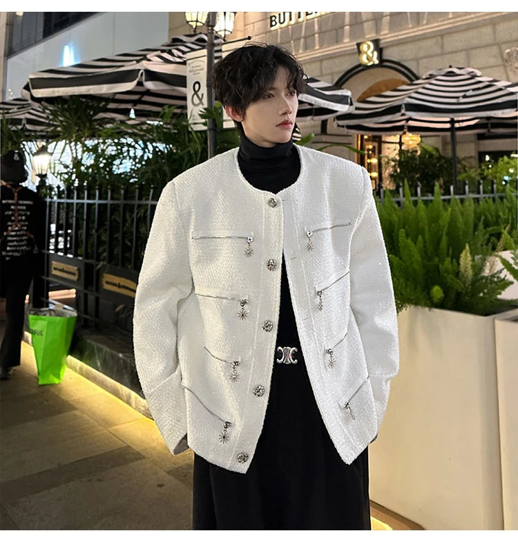 multi zipper sequin woolen jacket men french retro fashionable casual christmas jacket spring autumn coat stage show clothing unique default style 1455
