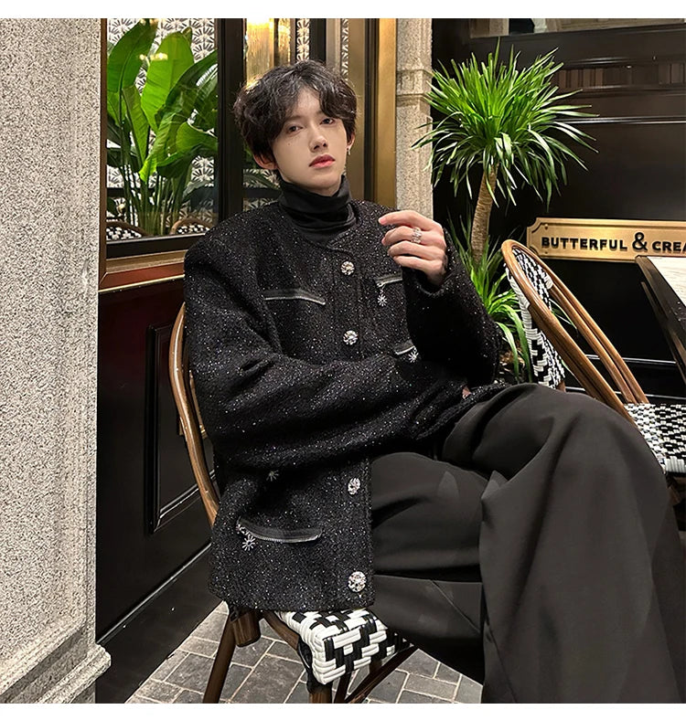 multi zipper sequin woolen jacket men french retro fashionable casual christmas jacket spring autumn coat stage show clothing unique default style 1448