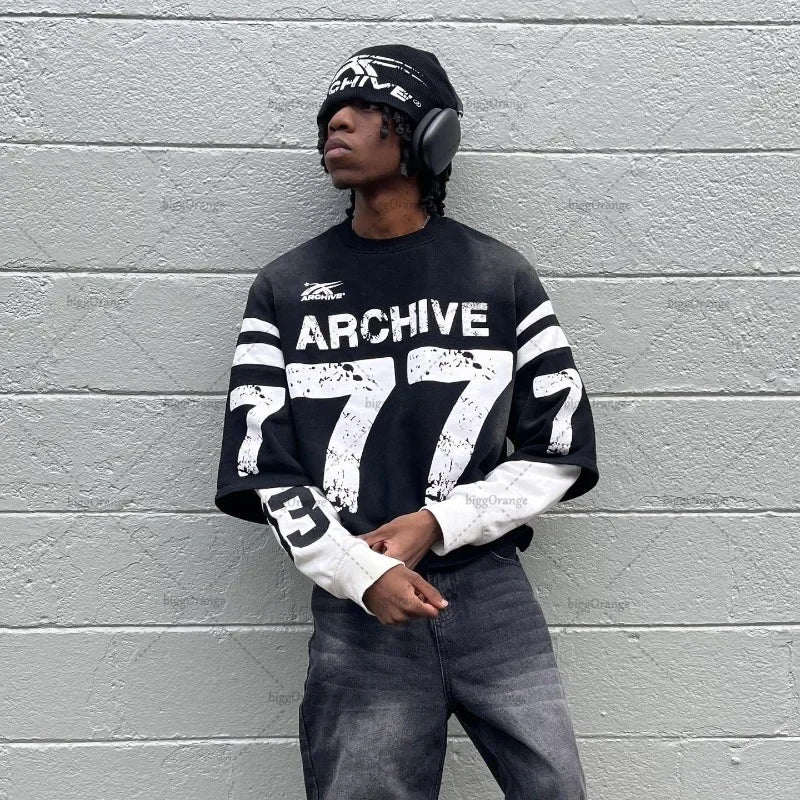 Trendy Brand Alphanumeric Printing Oversized Splicing Long-sleeved Men Y2k Street Hip-hop Rock Casual Retro Pullover Women Street King Limited