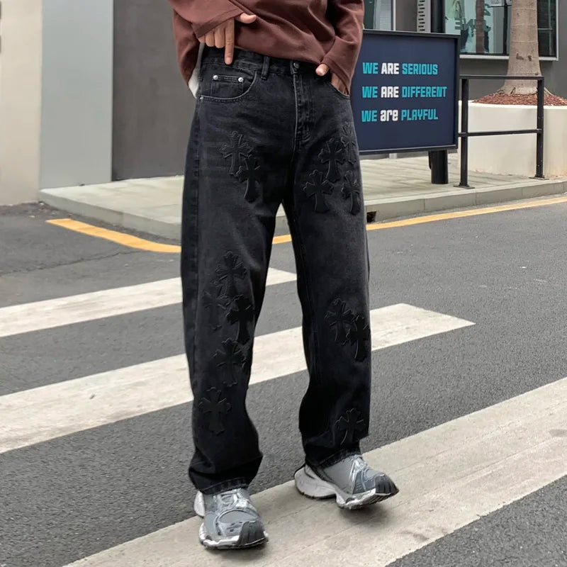 men embroidery streetwear brand fashion hip hop loose casual straight motorcycle denim jeans pant cityboy y2k jeans trousers unique jeans style 2383