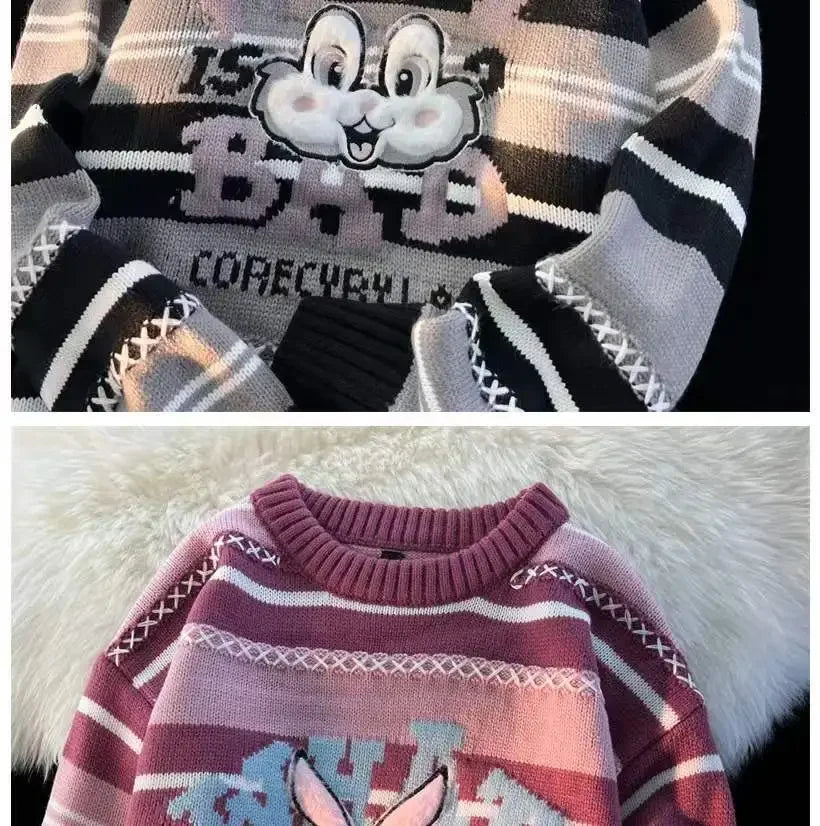 Sweet cool bunny striped knitted sweater for women in autumn and winter loose outer wear lazy style soft and waxy milk kawaii Street King Limited
