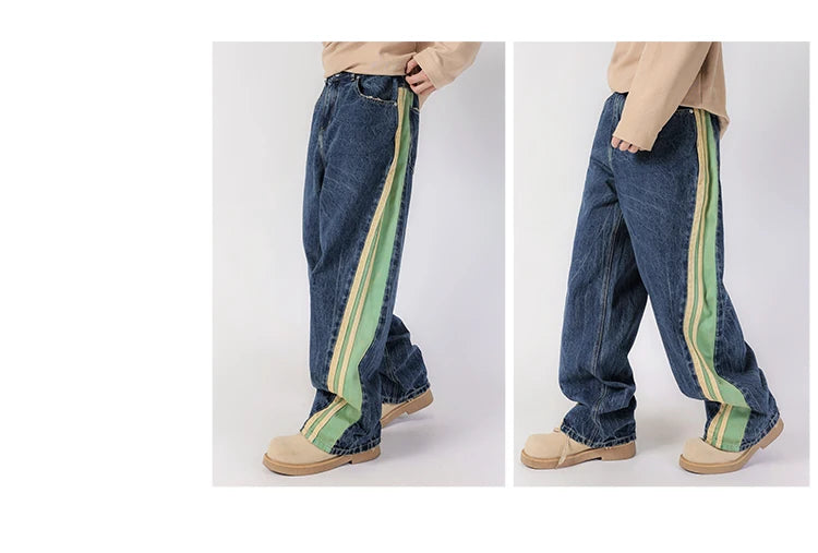 men streetwear fashion side splice hip hop loose casual wide leg straight baggy jeans pant cityboy jeans pants trousers unique jeans style 2496
