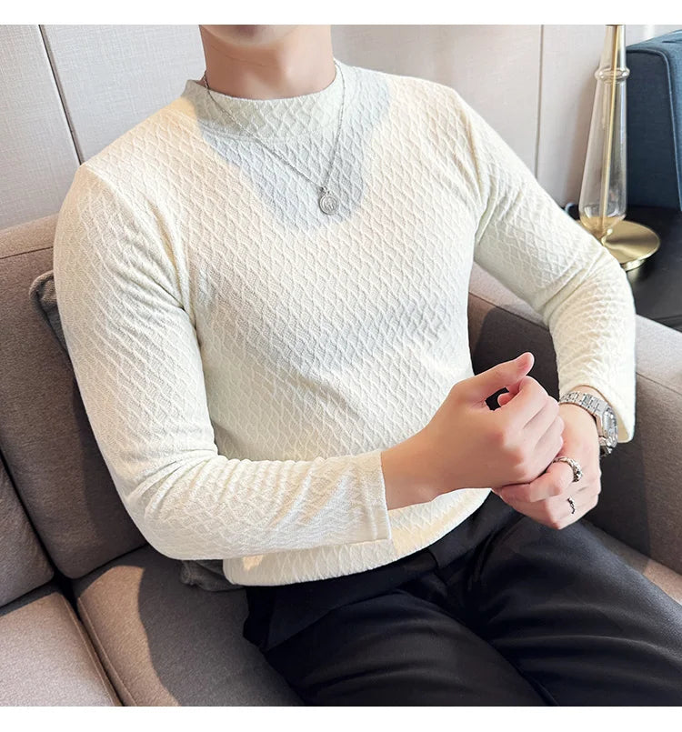 Autumn Winter Semi-turtleneck Stretch Slim Fit Long Sleeve Tshirt Men Thicken Velvet Jacquard Casual T-shirt Bottom T Shirt Street King Limited