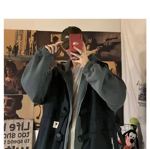 Fake two-piece coat men's ins, trendy Japanese functional workwear hooded jacket, autumn European and American retro trend tops Street King Limited