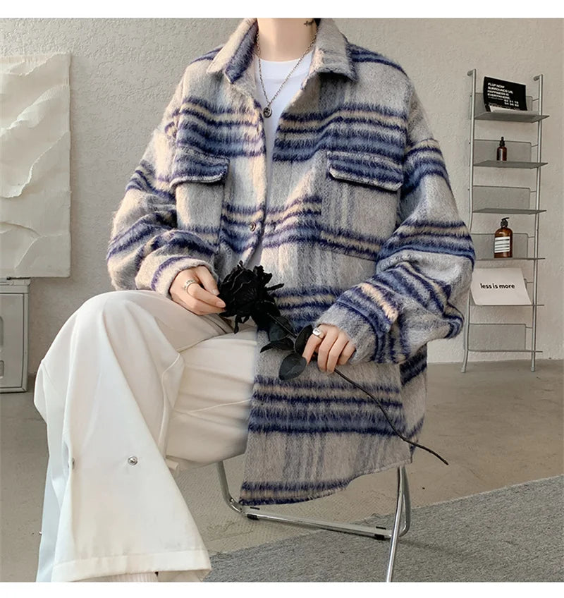 winter y2k vintage striped woolen jackets for men patchwork long sleeve plaid cardigan coats high street cargo shirt jacket unique cargo style 68