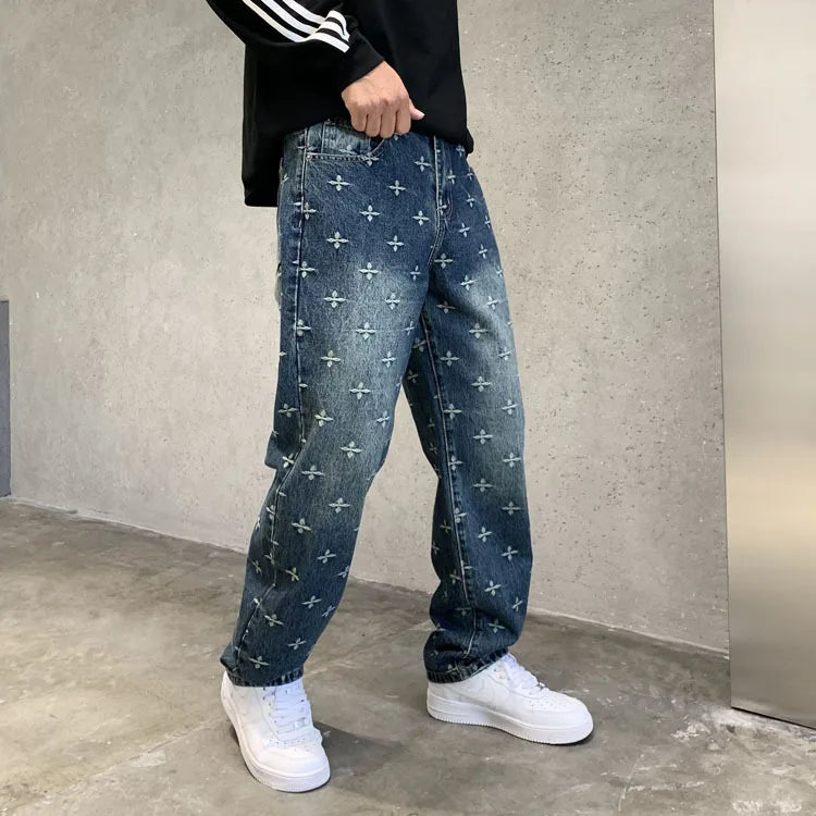 autumn winter new trendy brand jacquard jeans men high street hiphop casual fashion loose denim jeans pants boyfriend trousers unique jeans style 2831