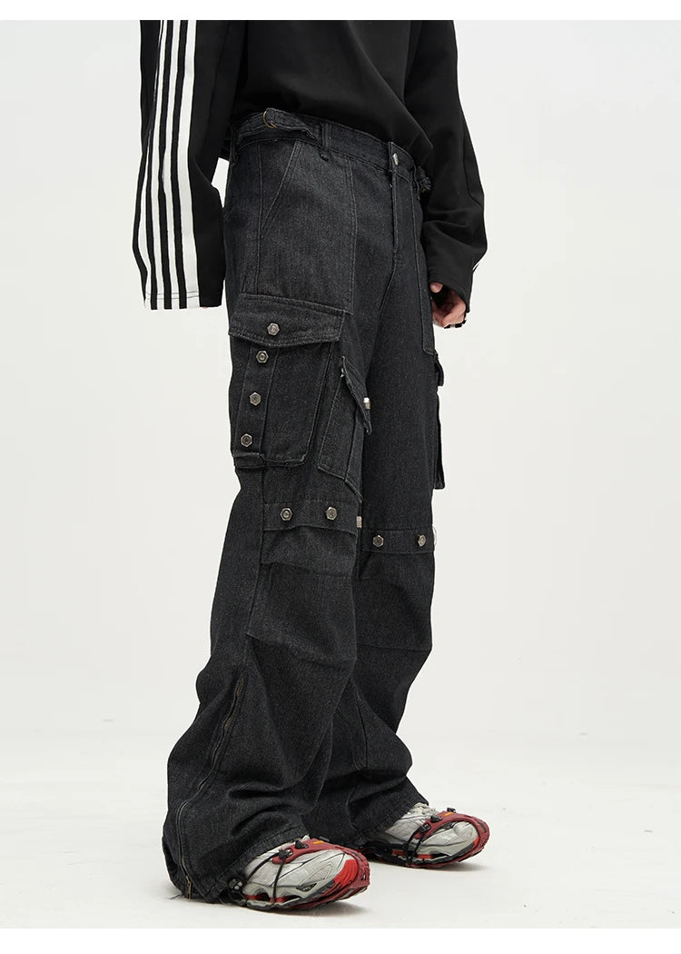 punk rivet denim jeans pants mens 2023 harajuku streetwear bottom zipper cotton casual oversize joggers straight pants trousers unique joggers style 3462