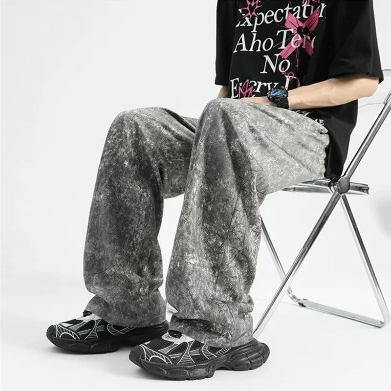 2024 goth tie dye corduroy pants mens autumn baggy wide leg straight casual trousers women drawstring hip hop y2k sweatpants unique joggers style 1348