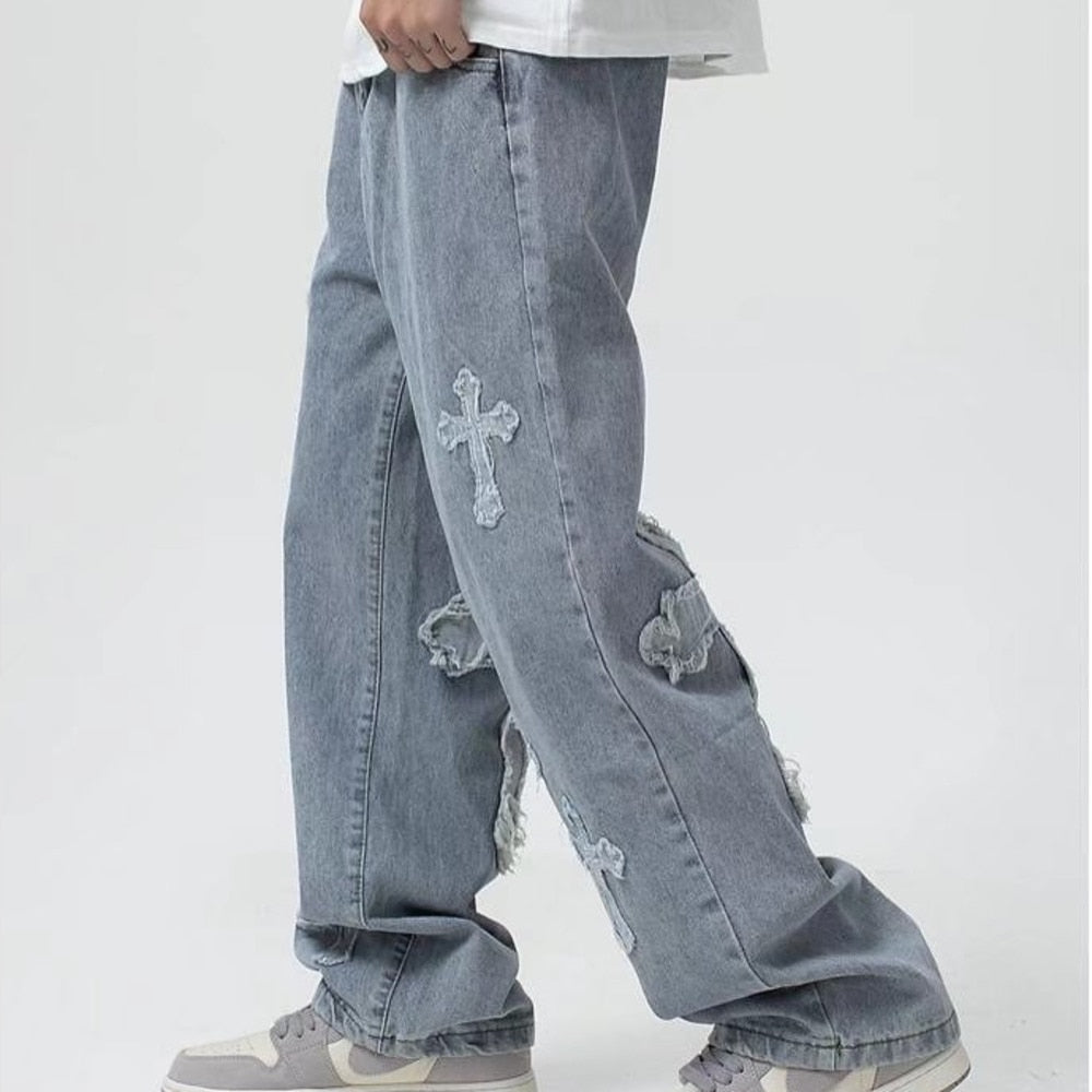 "Hearts" Streetwear Hip Hop Unisex Denim Pants Daulet Apparel