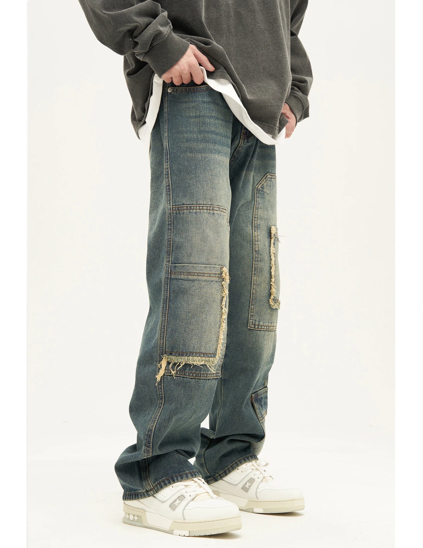 retro washed denim jeans destroyed ripped loose mens biker jeans side pocket fashion streetwear hip hop straight pants joggers unique joggers style 1199