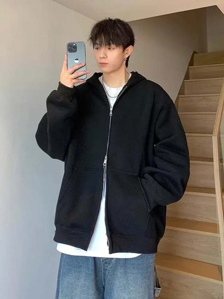 winter mens fleece zipper hooded sweatshirts 2025 new classic solid color oversized hoodies y2k streetwear outerwear tracksuit unique default style 42