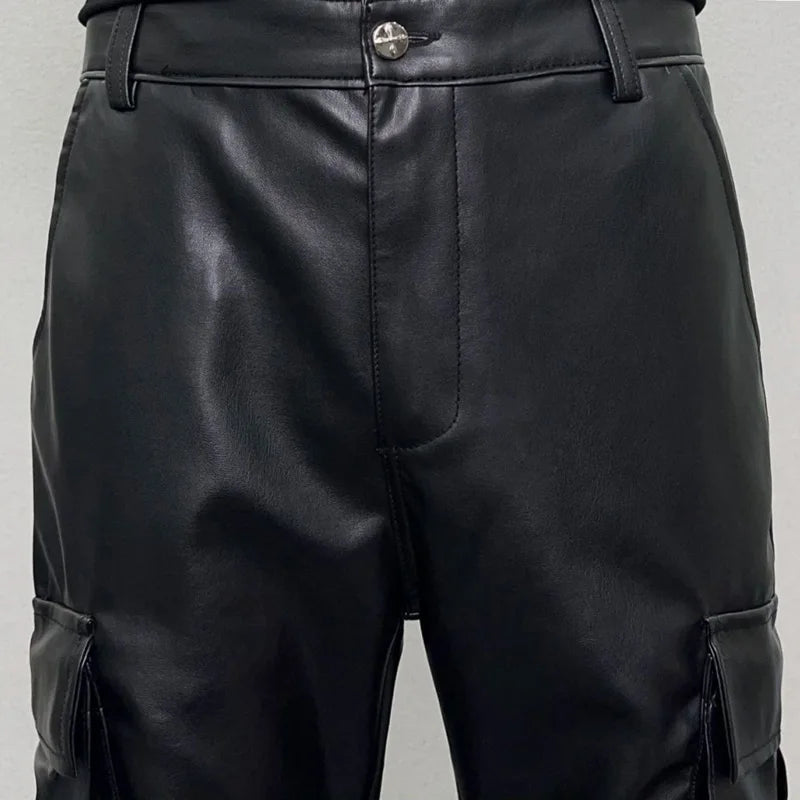 pu leather pants mens streetwear fashion hip hop vibe casual faux leather cargo flared pant men motorcycle trousers unique cargo style 2944