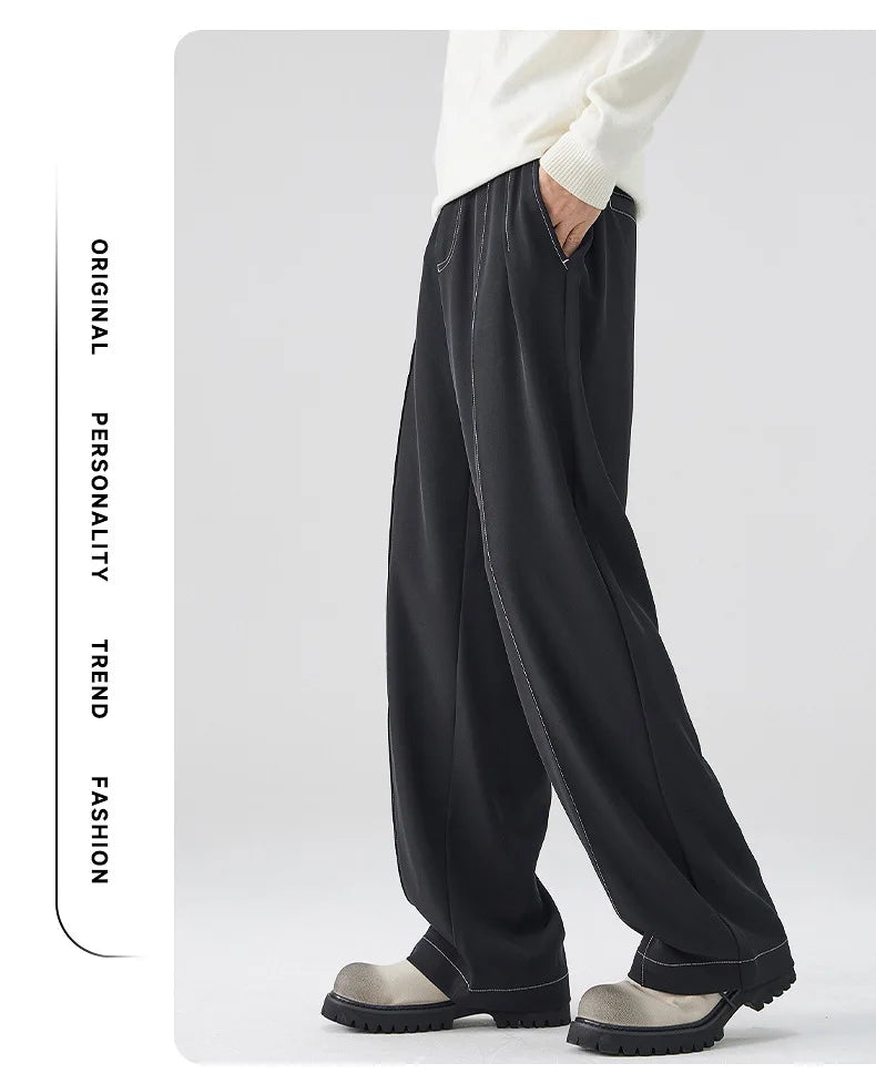 men bright line elastic waist streetwear fashion loose casual plus size straight suit pants work man business trousers unique default style 1802
