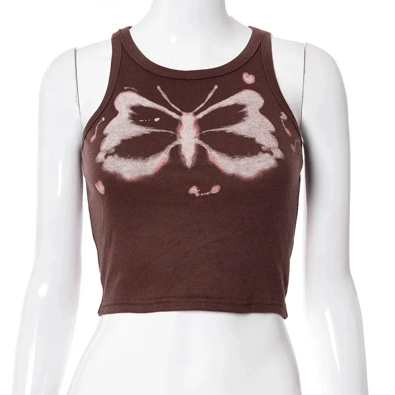 Top women Y2K Aesthetics Butterfly Print Brown Crop Tops Indie Streetwear O-neck Sleeveless Tank Tops 90s Fashion Summer Vests Street King Limited