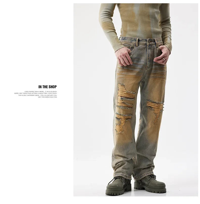 men patch hole distressed plus size denim pant ripped jeans streetwear fashion hip hop vibe loose casual baggy jeans trousers 40 unique jeans style 3085