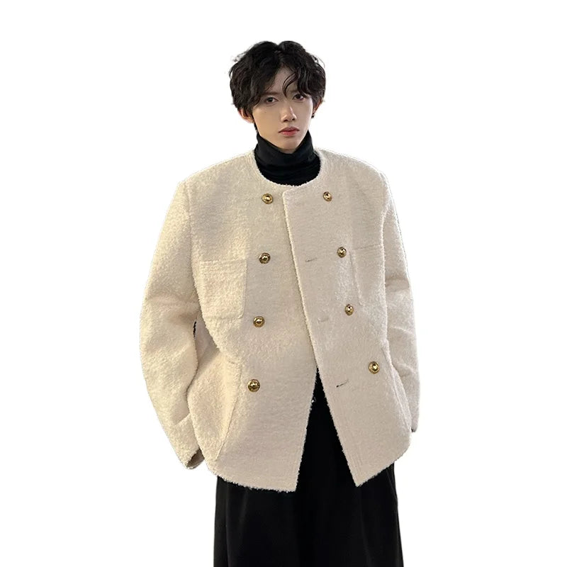 men french fashion retro double breasted woolen loose casual short jacket man autumn winter korean streetwear thicken coat top relaxed fit shorts