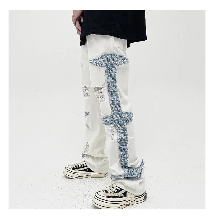 mens high street denim jean pants casual loose destroyed ripped holes straight jeans side patchwork hip hop streetwear joggers unique joggers style 1740