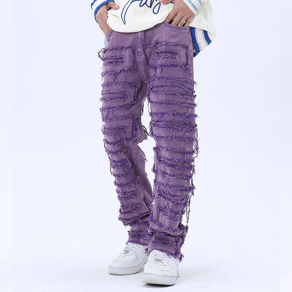 tassel hole spliced european and american straight leg denim pants new popular patch jeans mens wear ripped baggy denim