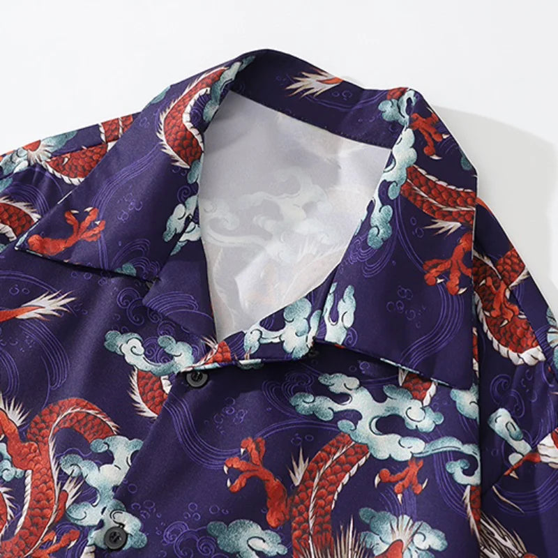 Men Dragon Print Chinese Style Shirt Casual Short Sleeve Hawaiian New Summer Shirts Hip Hop Streetwear Loose Top Harajuku Shirts Street King Limited