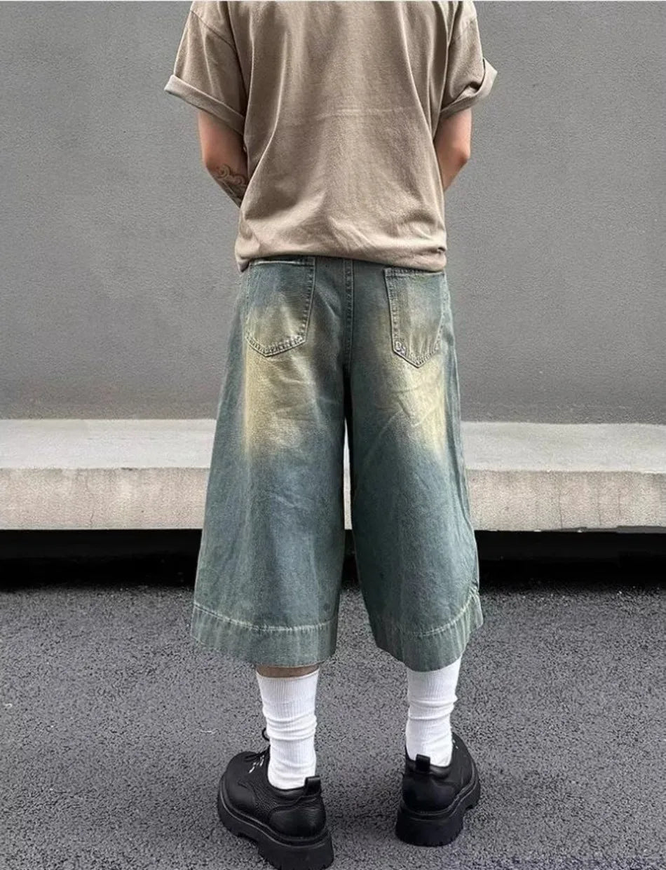 Summer Trend Denim Cropped Trousers Mens American Hip Hop Washed Wide Leg Shorts Unisex High Street Straight Cowboy Mid Pants Street King Limited