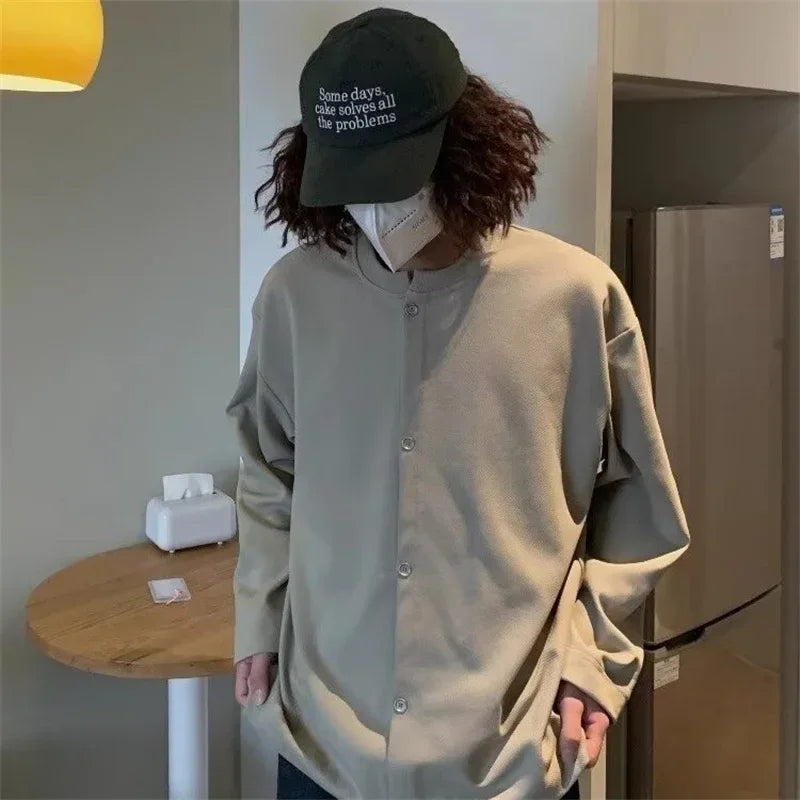 Streetwear New Casual Fake Two Piece Sweatshirts For Men Solid Color Henley Neck 2024 New Casual Fake Two Piece Sweatshirts For Men Solid Color Henley Neck Button Jackets Korean Fashion Loose Y2K Sudaderas Fashion Sweater Jacket With Graphic Design For Men