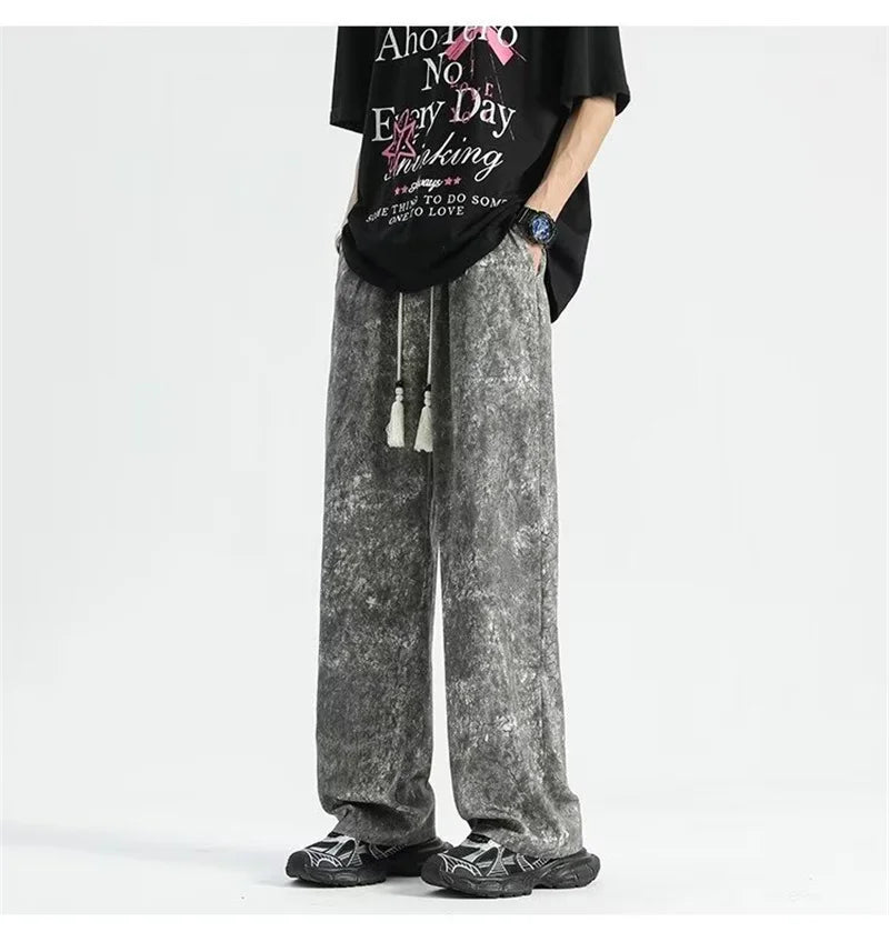 2024 goth tie dye corduroy pants mens autumn baggy wide leg straight casual trousers women drawstring hip hop y2k sweatpants unique joggers style 1353