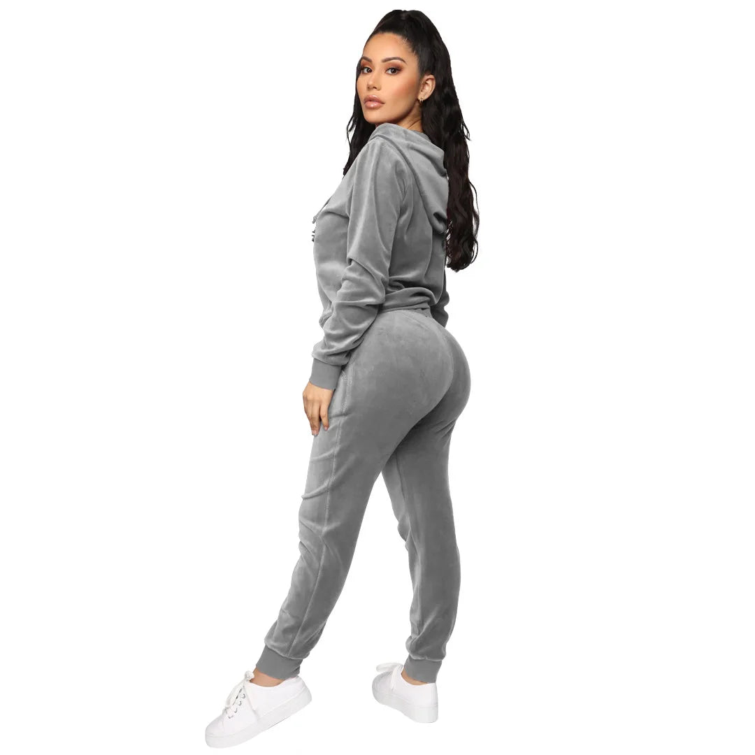 Women's Velvet Hooded Zipper Sweater Elastic Waist Trousers Two-piece Set Fashion Personality Trend Clothing Two-piece Slim Suit Street King Limited