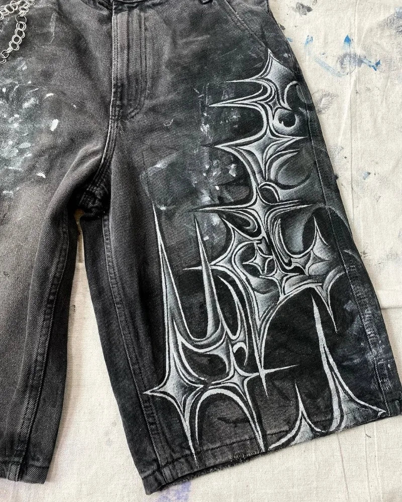 y2k american street retro graffiti anime print oversized denim shorts men shorts high waist fashion loose casual wide leg pants ripped baggy denim