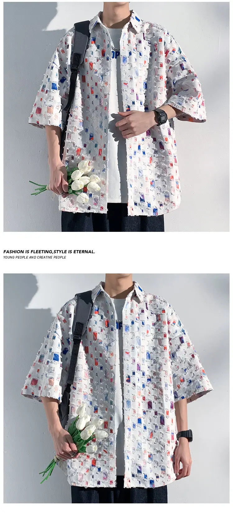 Summer Short Sleeved Shirt Men Fashion Retro Hollowed Out Shirt Men Streetwear Loose Colored Plaid Shirt Mens Large Size M-5XL Street King Limited