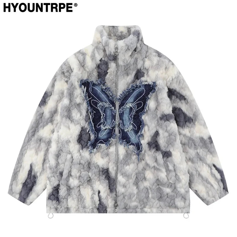 mens hip hop fleece jackets coats patchwork butterfly stand collar jacket parka zipper warm hairy jacket coat outerwear hipster urban fashion pants