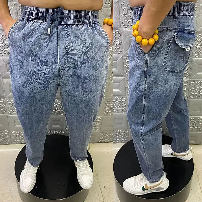 Summer Thin Loose Wide-leg Men Jeans Soft Lyocell Elastic Fashion Casual Straight Drawstring Denim Trousers Black Blue Gray Street King Limited