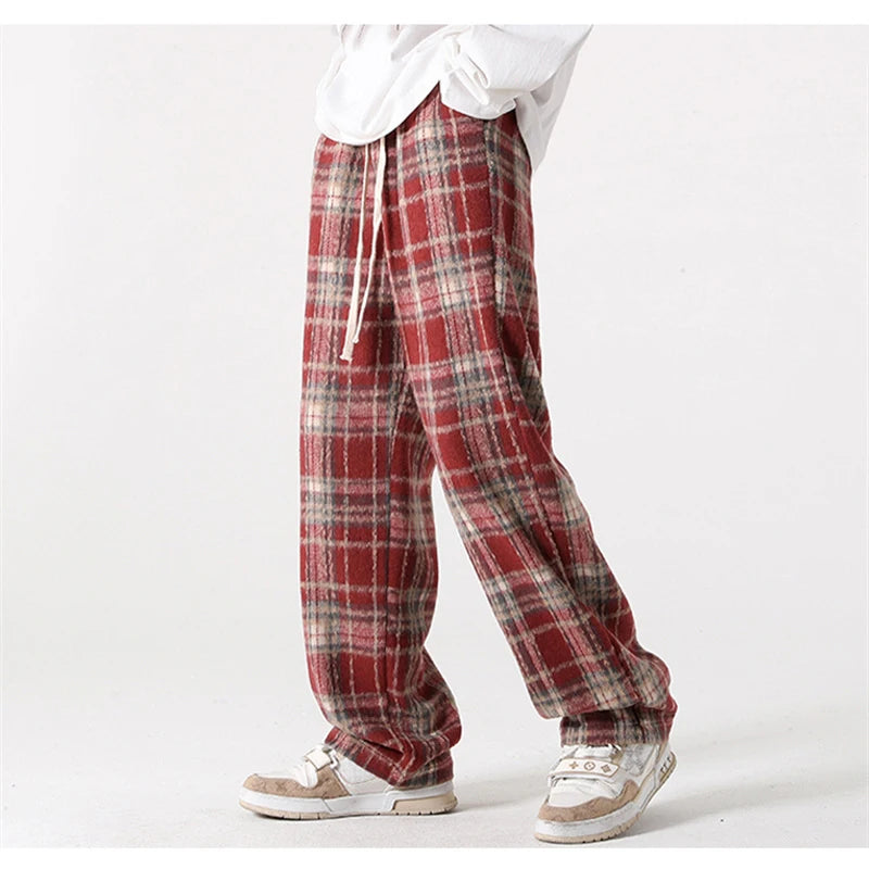 new mens y2k plaid casual baggy trousers autumn korean fashion straight woolen pants y2k vintage streetwear pantalones hombre unique default style 412