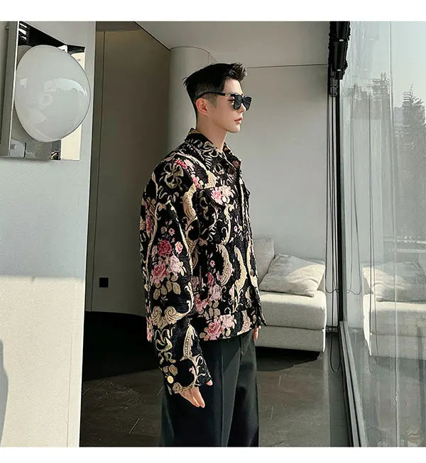 men palace style retro jacquard flower fashion show loose jacket man party dress vintage coat costumes spring autumn clothes unique default style 1245
