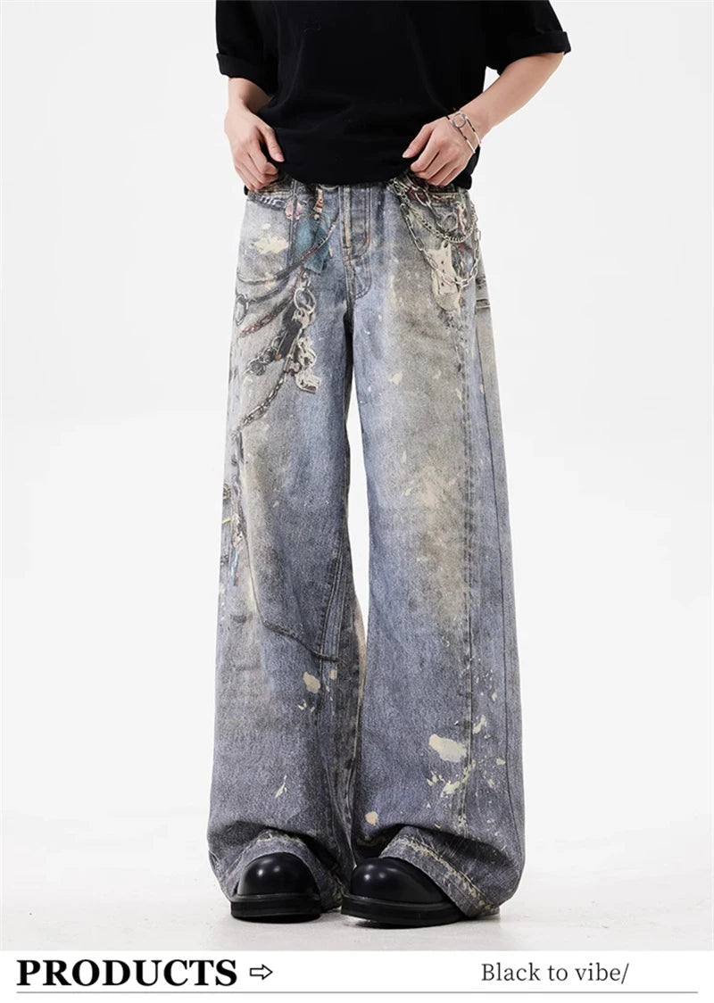 new 3d chain printed baggy jeans for men and women casual baggy straight denim pants high street wide leg y2k blue jean unique jeans style 428