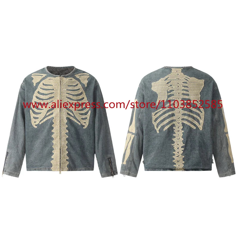 vintage mens long sleeved denim jacket high street oversized washed bone embedding tops clothing autumn winter 2024 heavyweight unique jeans style 1331