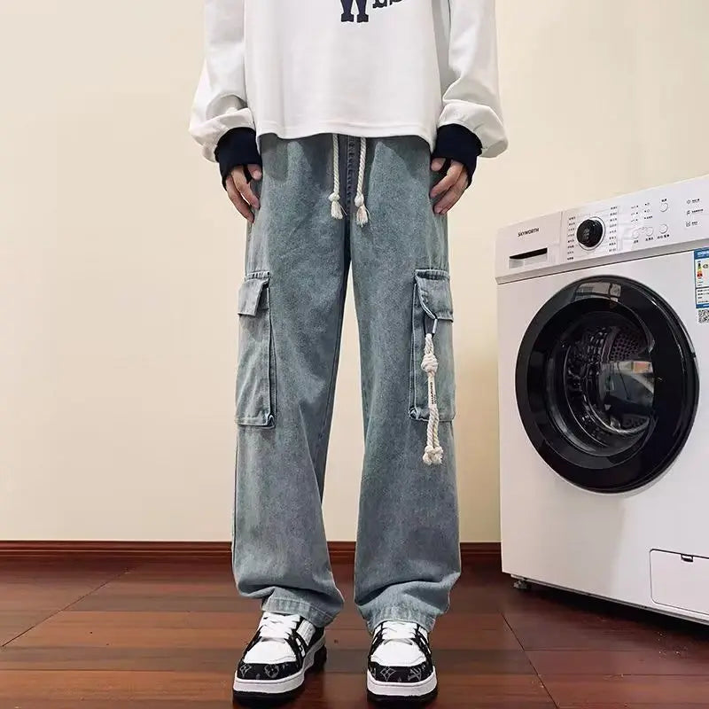 american retro and personalized straight leg jeans for men and women with hiphop big pocket design work pants loose casual pants urban skinny jeans