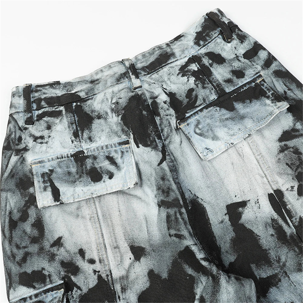 vintage dirty tie dye baggy jeans men multi pocket loose white straight jeans trousers luxury designer oversized denim pant unique jeans style 1936