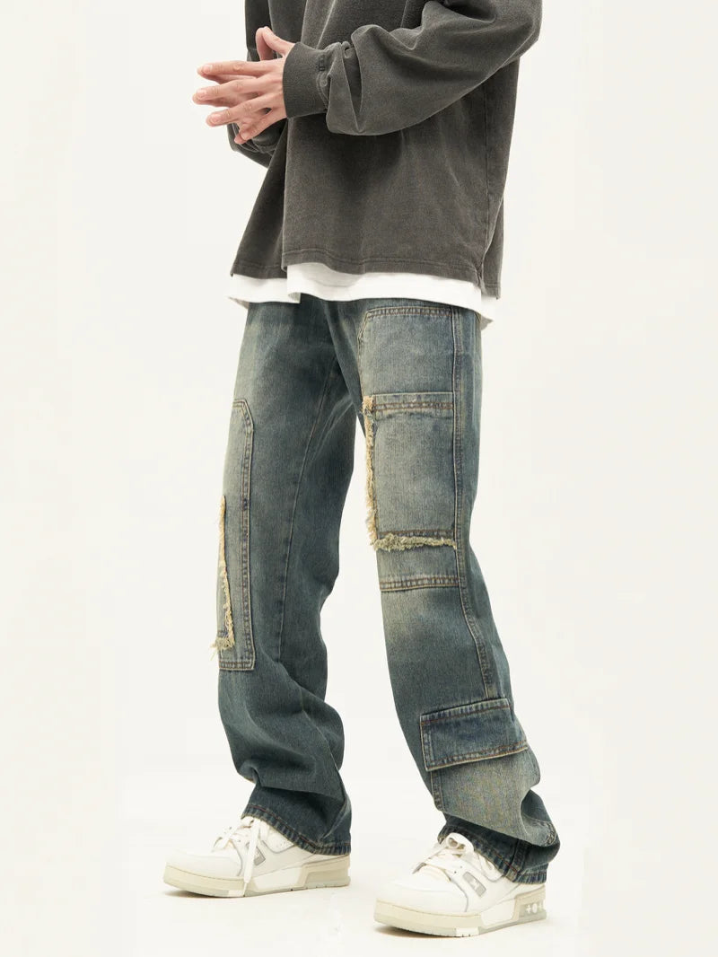 retro washed denim jeans destroyed ripped loose mens biker jeans side pocket fashion streetwear hip hop straight pants joggers casual joggers