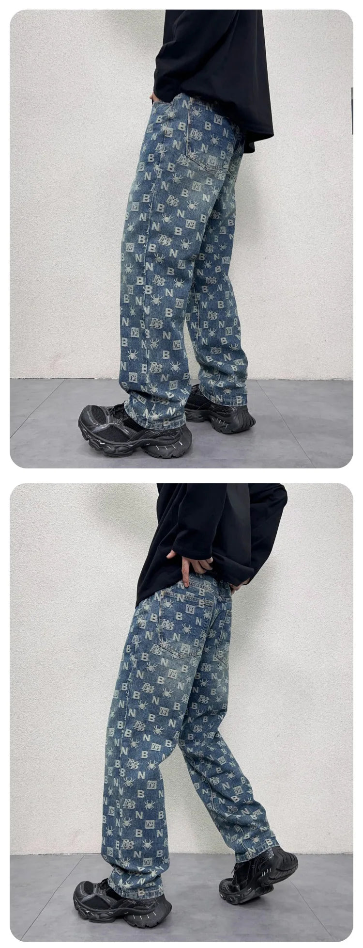 men jacquard streetwear hip hop vibe casual straight denim jeans pants boyfriend high street ripped jeans trousers unique jeans style 3013