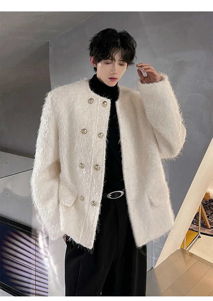 men double breasted french streetwear retro fashion loose casual tassels woolen short jacket man korean coat outerwear unique shorts style 1276