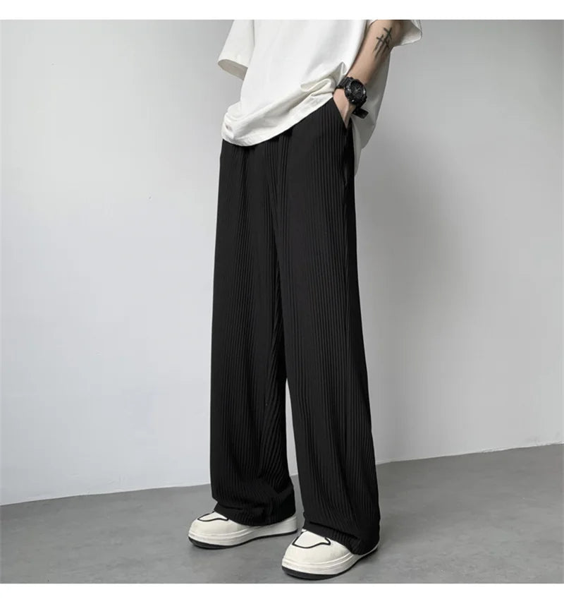 summer texture straight pants for men korean fashion baggy wide leg trousers casual drape pleated striped y2k pantalones hombre unique default style 498