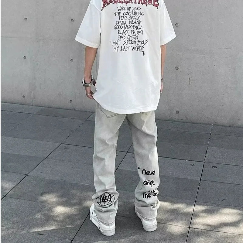 american gothic letter mens baggy jeans y2k retro harajuku straight denim trousers hip hop fashion printed jean man pants ripped baggy denim
