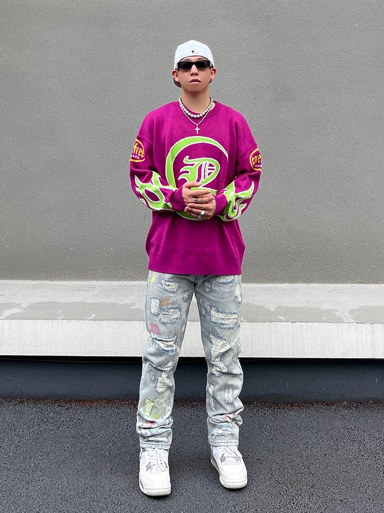 Hip Hop Knitted Sweater Men Letter Fire Pattern O-neck Pullover Streetwear Casual Loose Sweater Unisex Harajuku Jumpers Knitwear Street King Limited