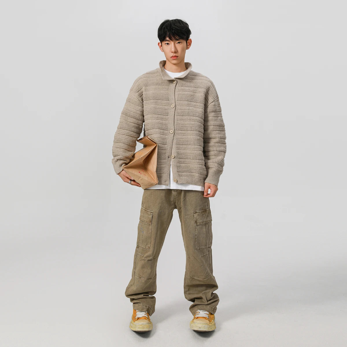 men streetwear fashion loose casual retro stripe knitted sweater cardigan jacket autumn knitwear jumper coat outerwear urban fashion pants