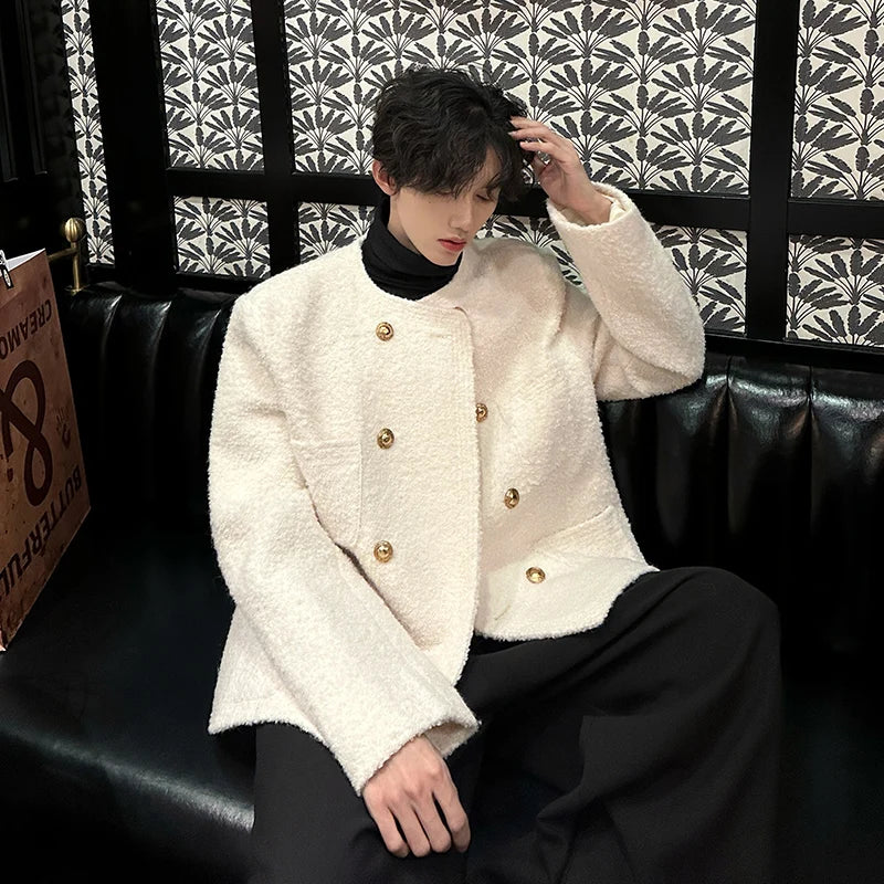 men french fashion retro double breasted woolen loose casual short jacket man autumn winter korean streetwear thicken coat top unique shorts style 1424