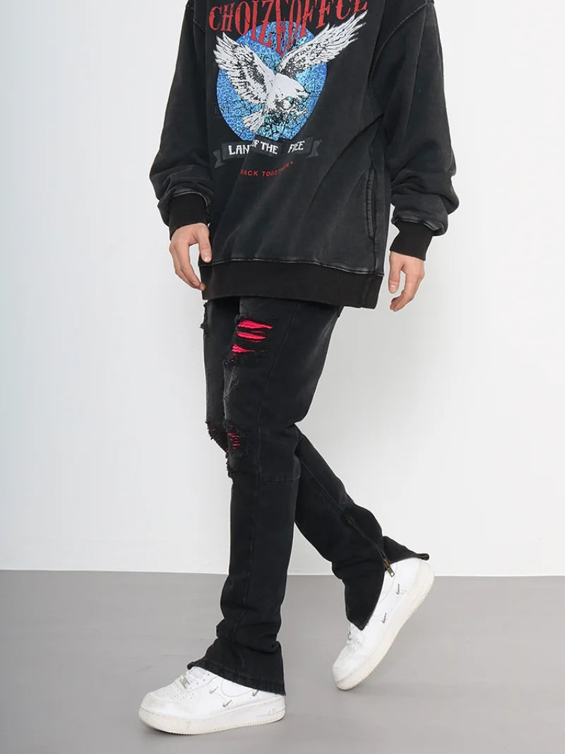 knee ripped patchwork jeans for men hip hop skinny biker taped jean trouser slim fit black denim pants fashion streetwear jogger sporty tapered joggers